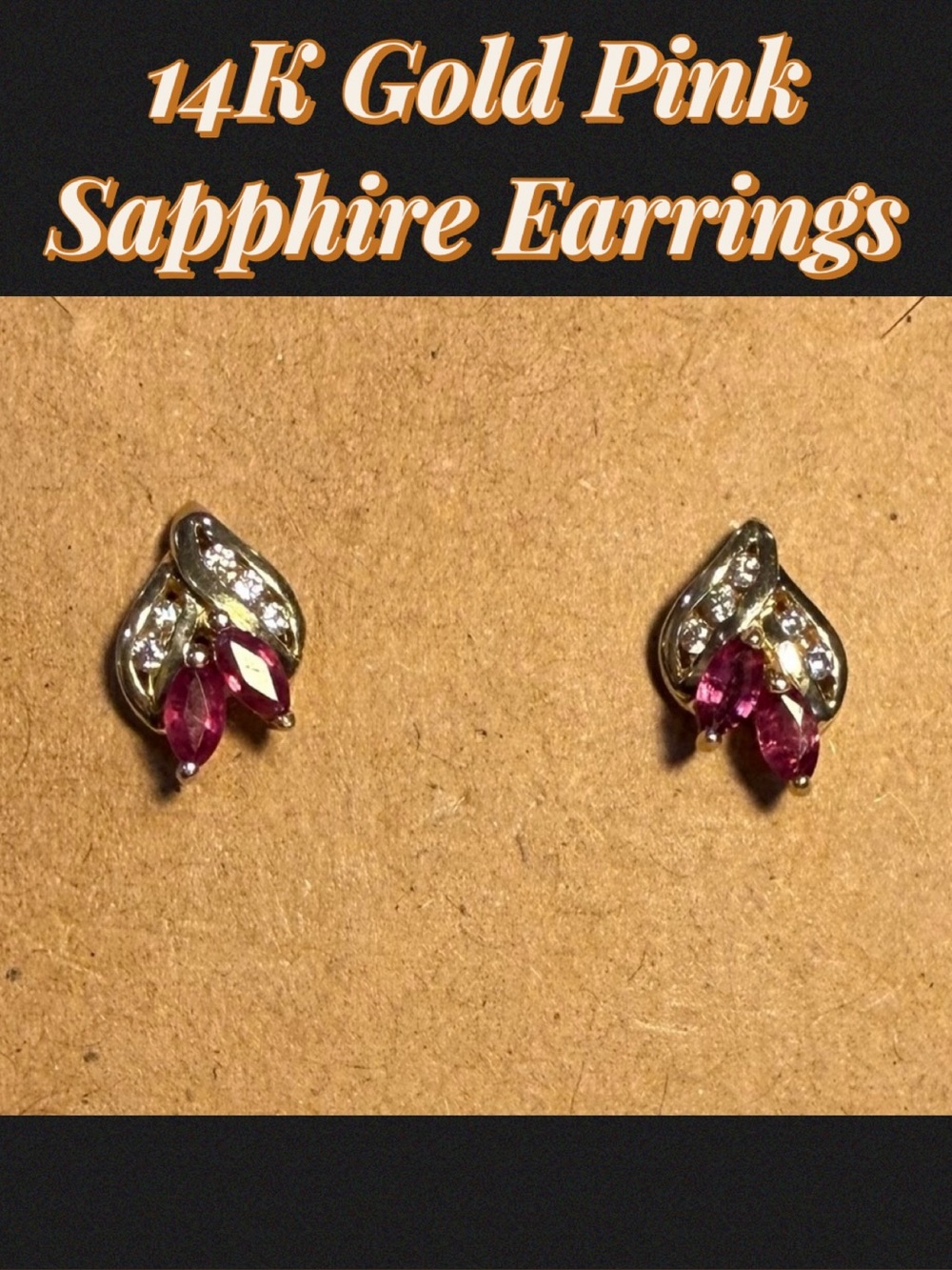 14K Gold Pink Sapphire Leaf Stud Earrings with Diamond Clusters
